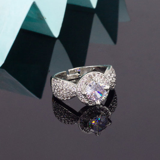 Rhodium Plated Solitaire AD Adjustable Trendy Finger Ring