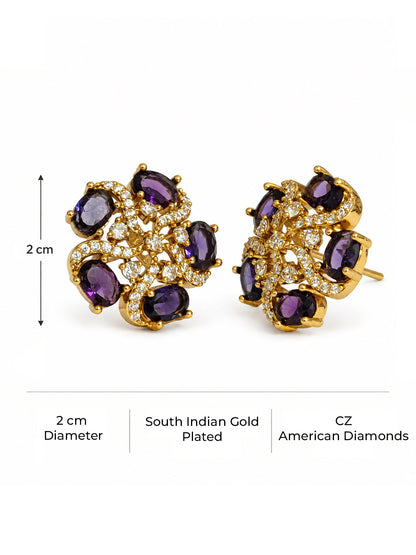South Indian Gold Plated Purple AD Floral Stud Earrings for Women