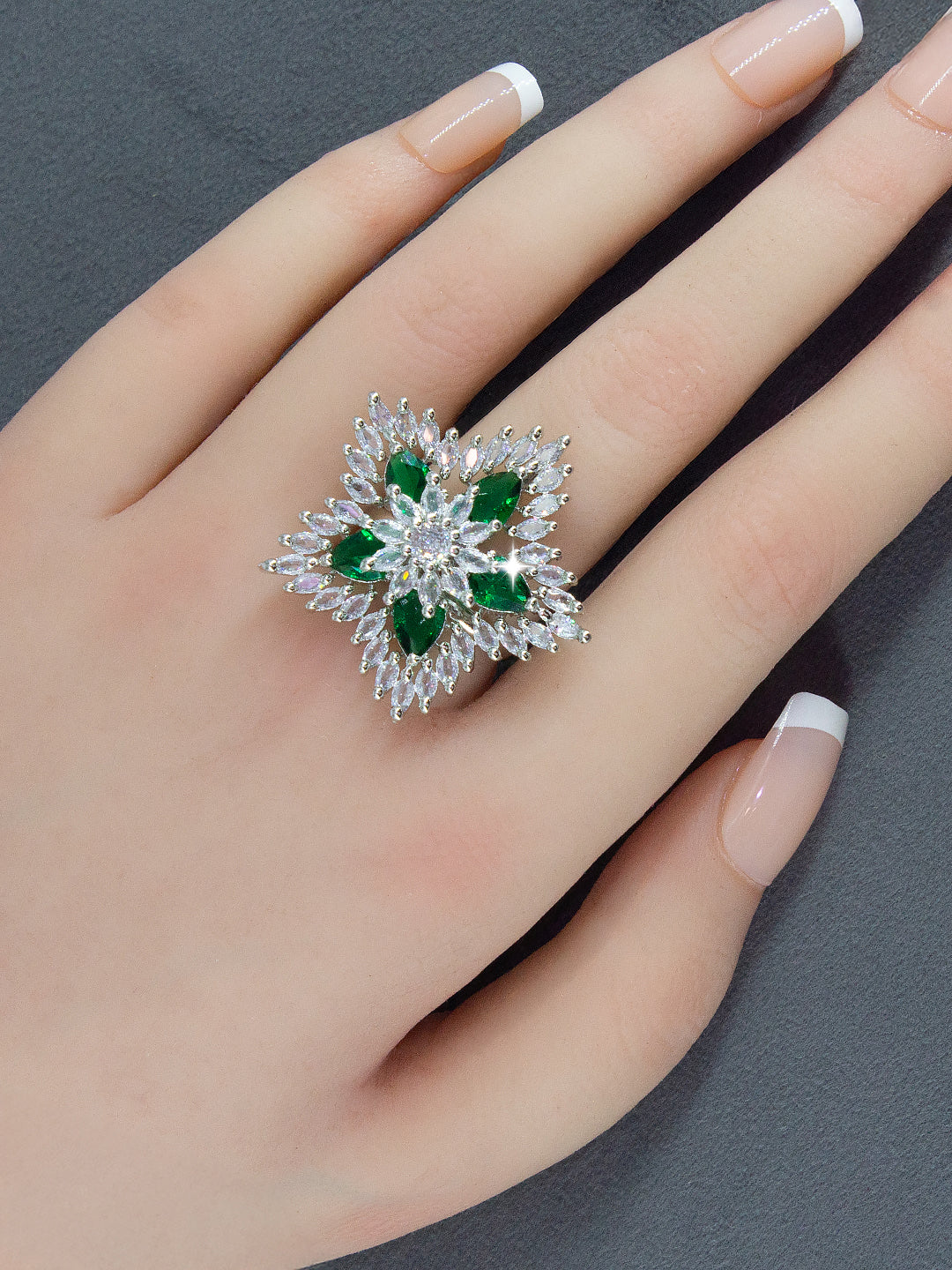 Silver-Plated American-Diamond Studded Floral Design Adjustable Finger Ring