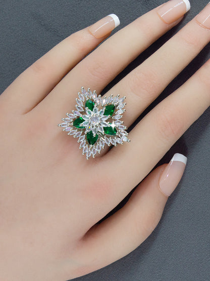 Silver-Plated American-Diamond Studded Floral Design Adjustable Finger Ring