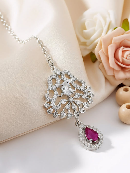 Rhodium Plated Pink AD Maang Tikka for Women