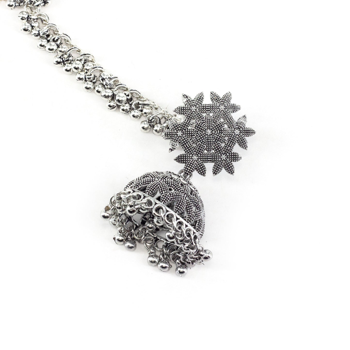 Silver Oxidised Floral Jhumka Earring with Chain for Women