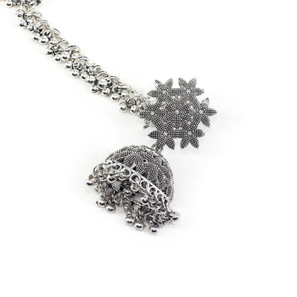 Silver Oxidised Floral Jhumka Earring with Chain for Women