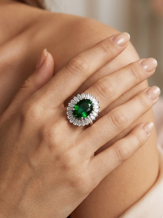 Rhodium Plated Green AD Finger Ring for Women