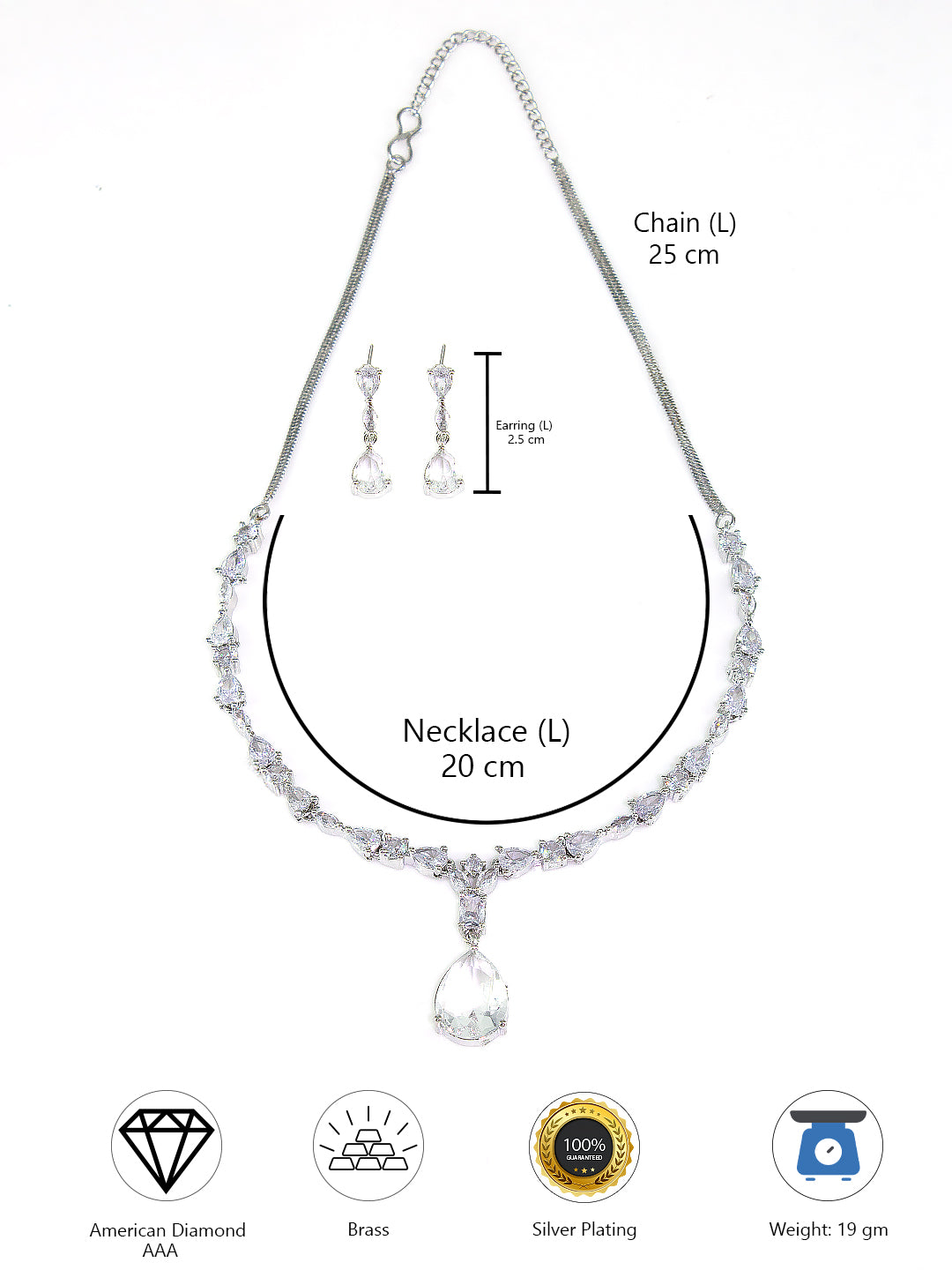 Rhodium-Plated Teardrop AD-Studded Jewellery Set