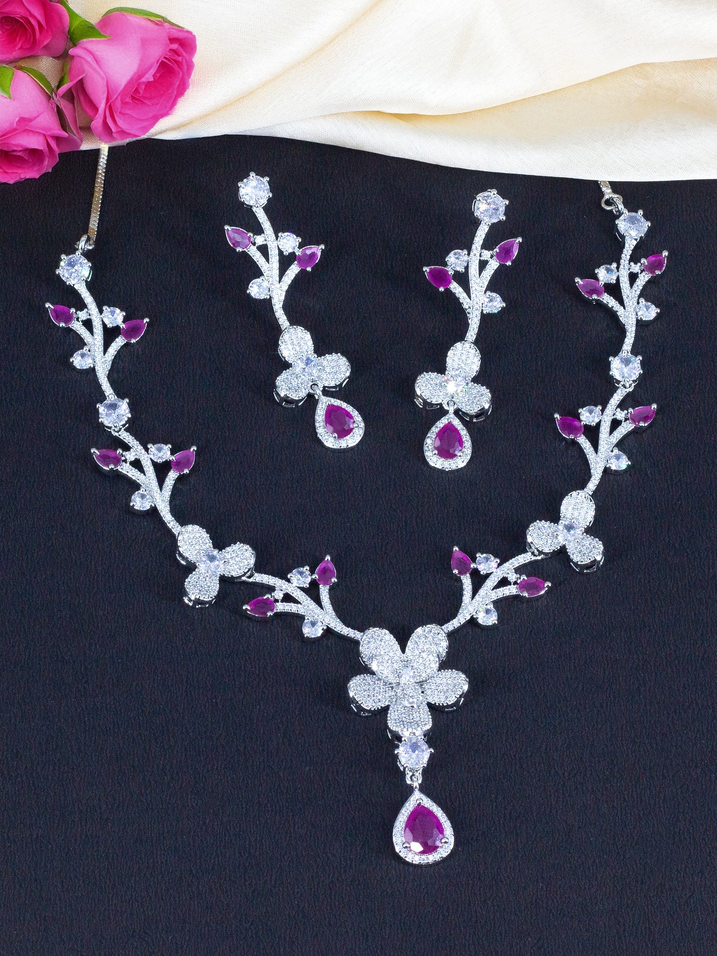 Silver Plated Red & White American Diamond Designer Jewellery Set