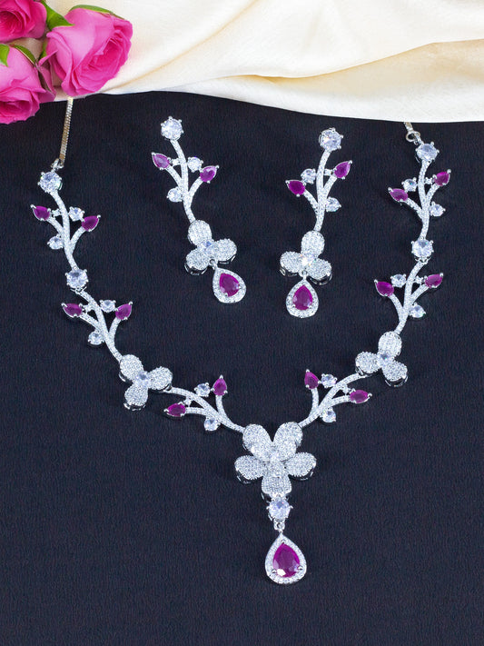 Silver Plated Red & White American Diamond Designer Jewellery Set