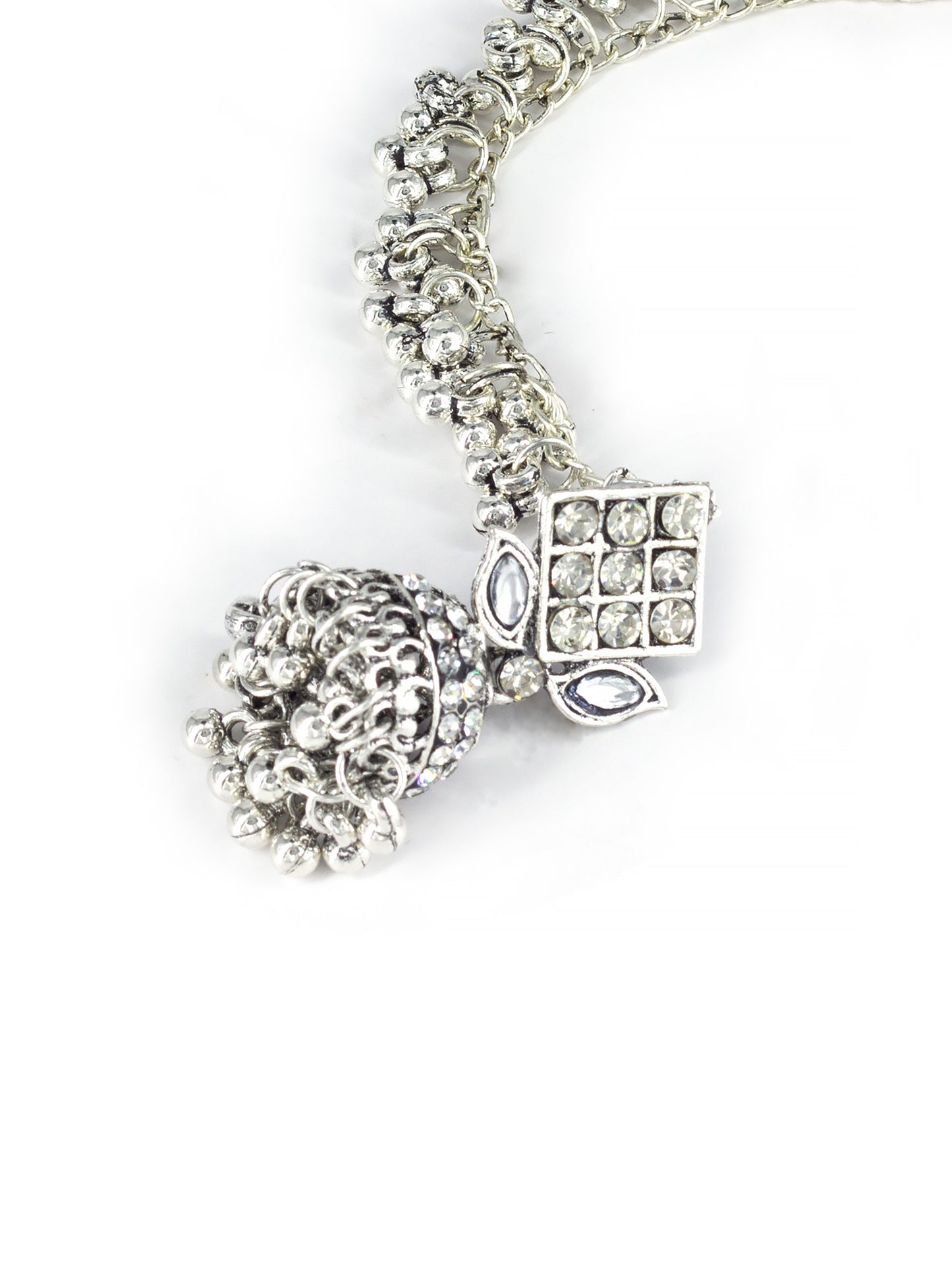 Silver Oxidised Artificial Stone Earrings with Ear Chain for Women