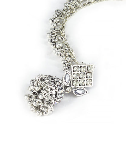 Silver Oxidised Artificial Stone Earrings with Ear Chain for Women