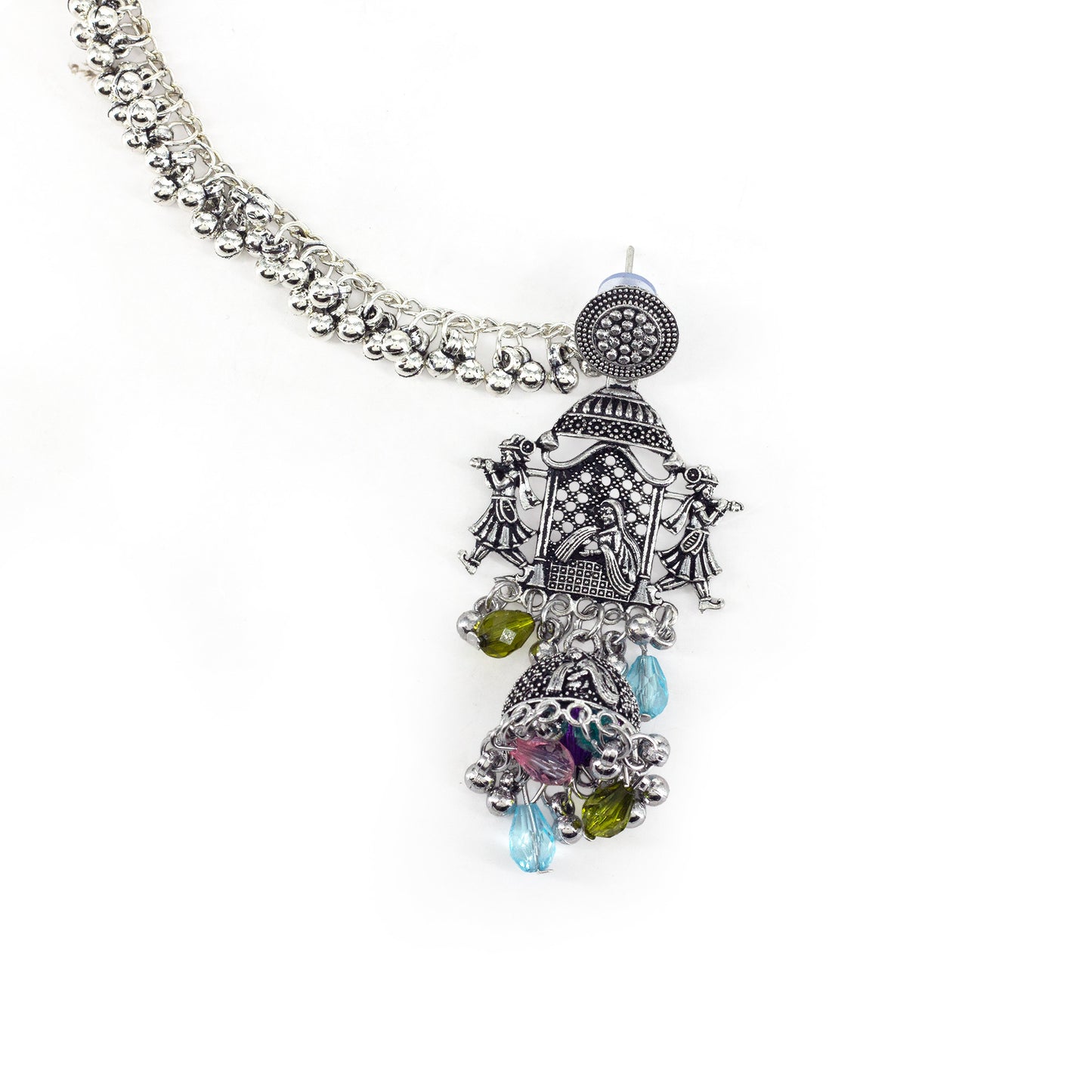 Silver Oxidised Jhumka Earring with Chain for Women