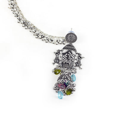 Silver Oxidised Jhumka Earring with Chain for Women