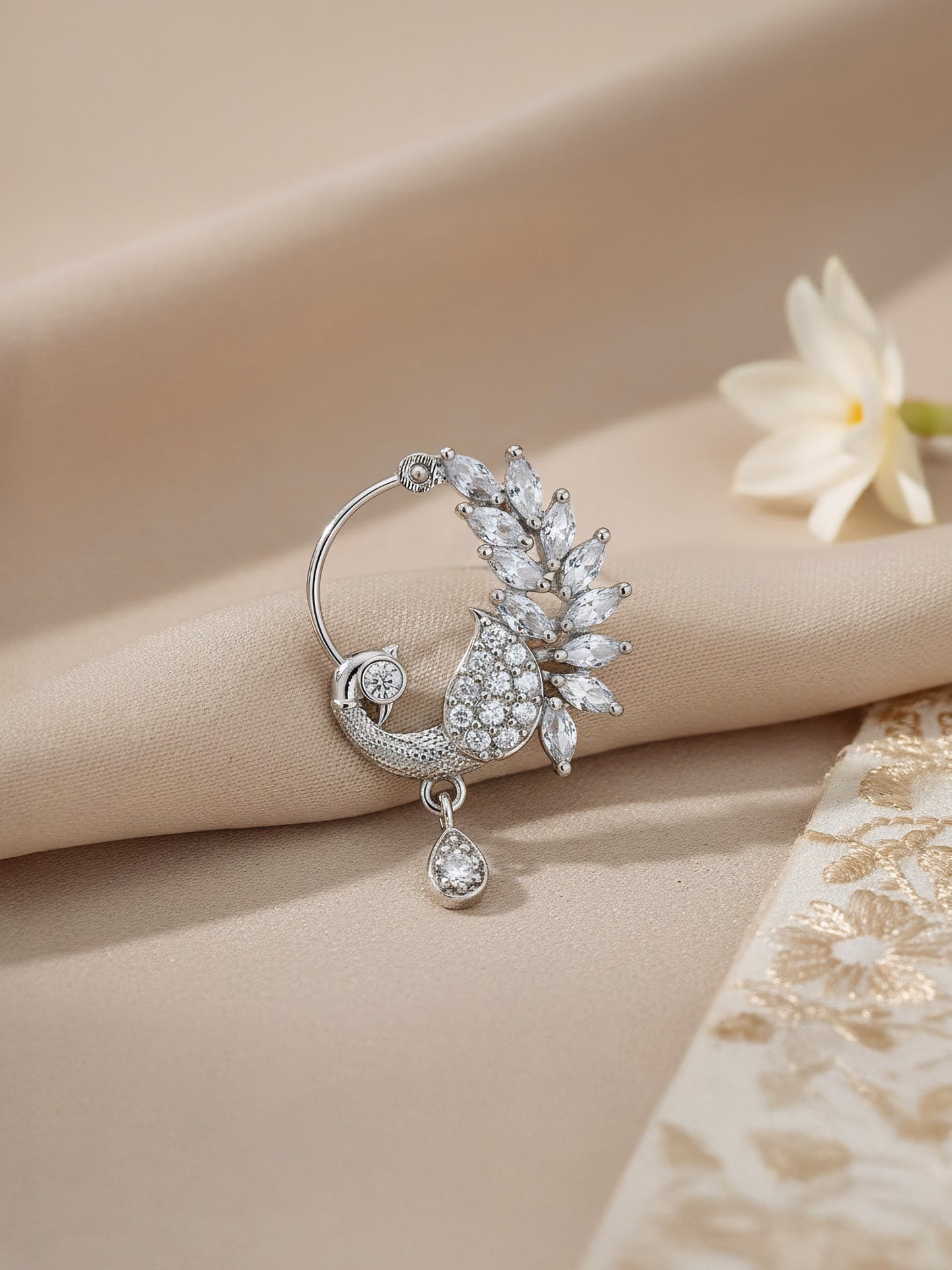 Silver Plated White AD Peacock Nose Ring for Women