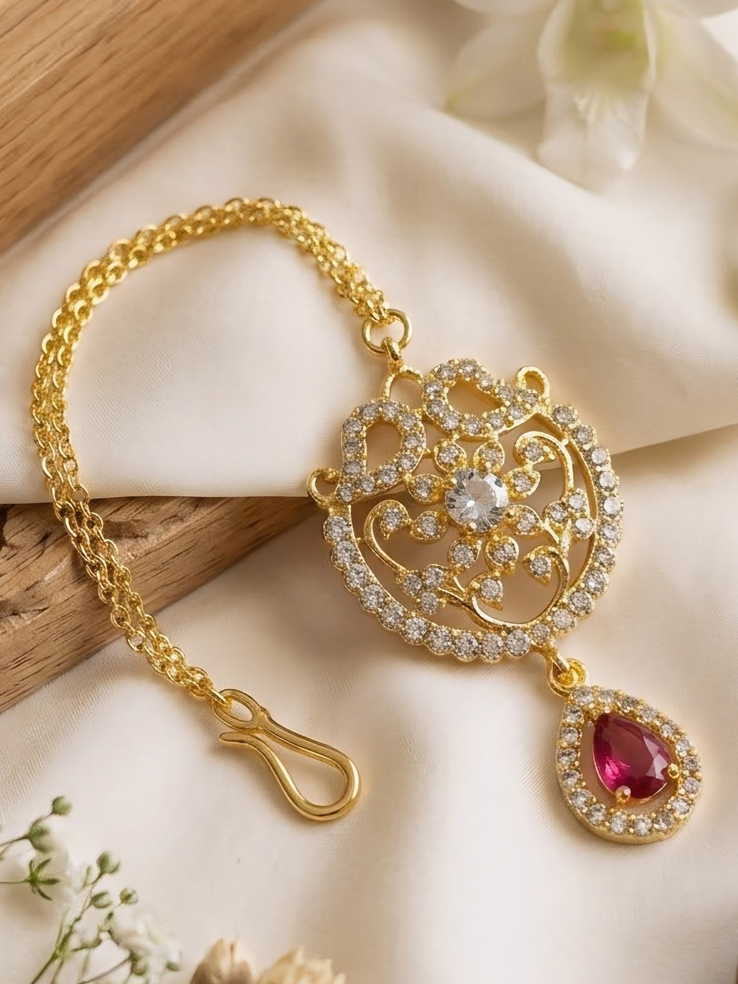 Gold Plated Red AD Floral Maang Tikka for Women