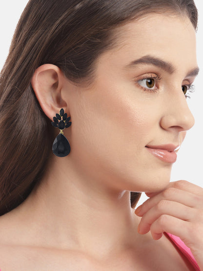 Gold Plated Black Crystal Stones Studded Drop Earrings