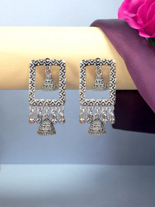 Silver Oxidized Square Boho Style Jhumki Earrings