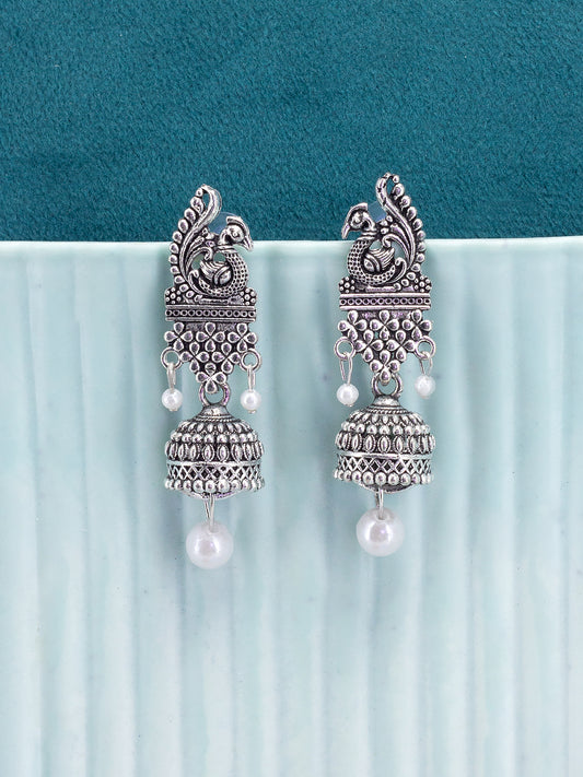 Silver Oxidized Peacock Beads Jhumki Earrings