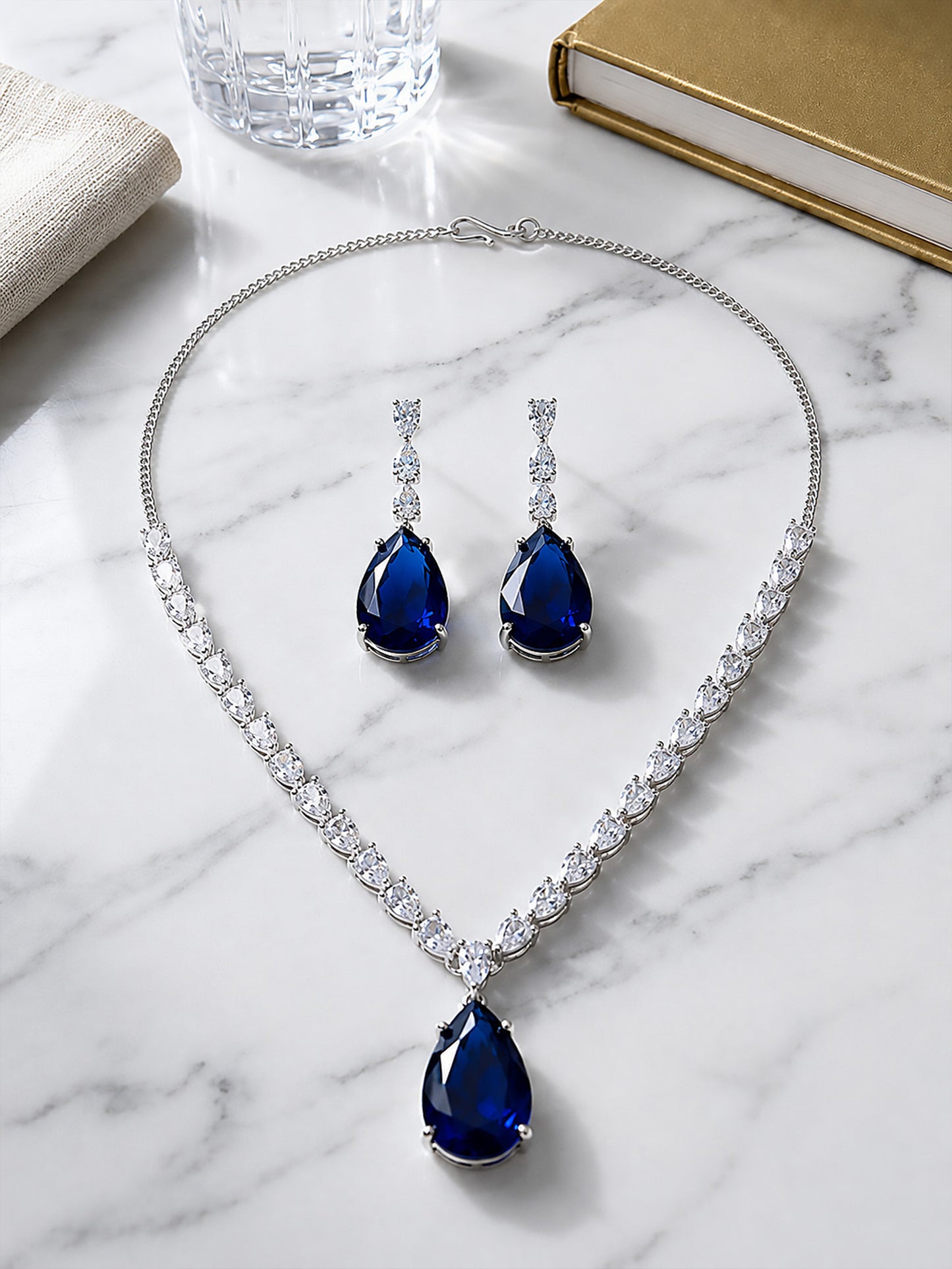 Silver Plated Blue Teardrop AD Jewellery Set for Women