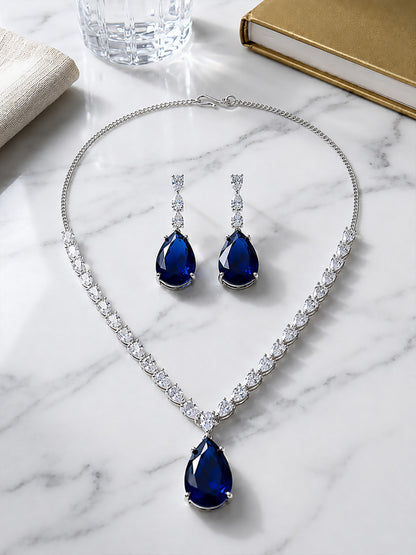 Silver Plated Blue Teardrop AD Jewellery Set for Women