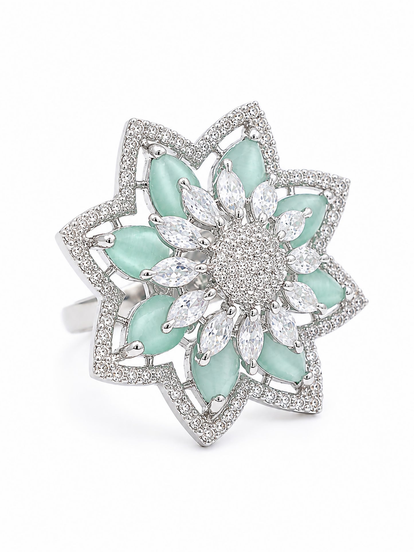 Silver Plated Green AD Floral Finger Ring for Women
