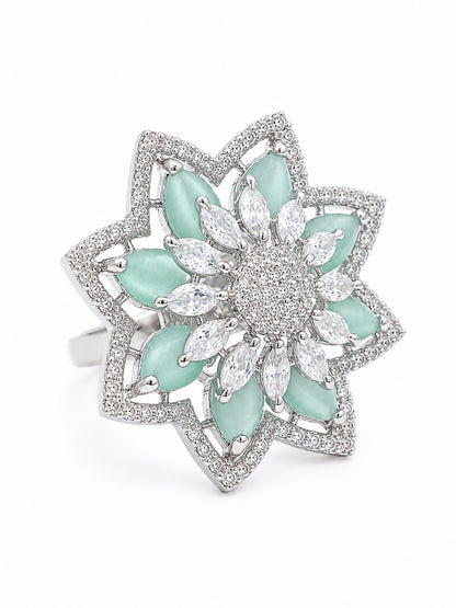 Silver Plated Green AD Floral Finger Ring for Women