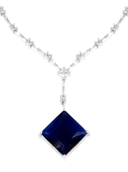 American Diamond Studded Royal Blue Square Drop Design Jewellery Set For Women And Girls