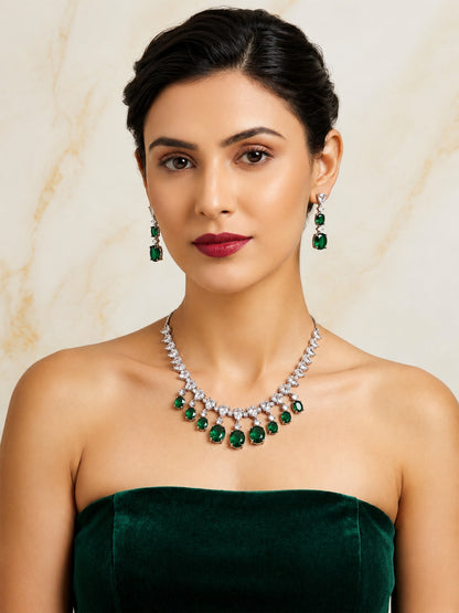 Silver Plated Green AD Choker Set for Women