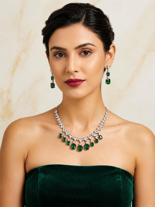 Silver Plated Green AD Choker Set for Women