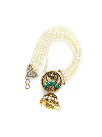 Gold-Plated Green Traditional Jhumka Earrings With Ear Chain