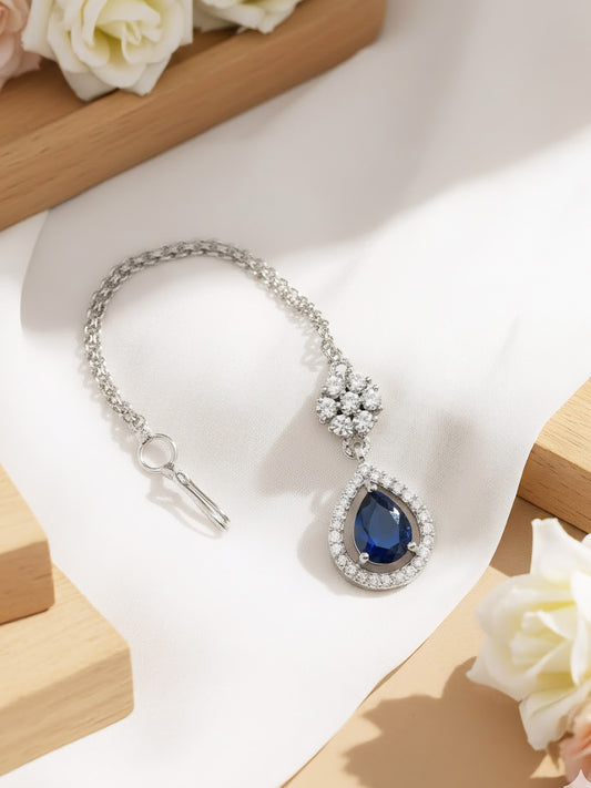 Silver Plated Blue AD Teardrop Maang Tikka for Women