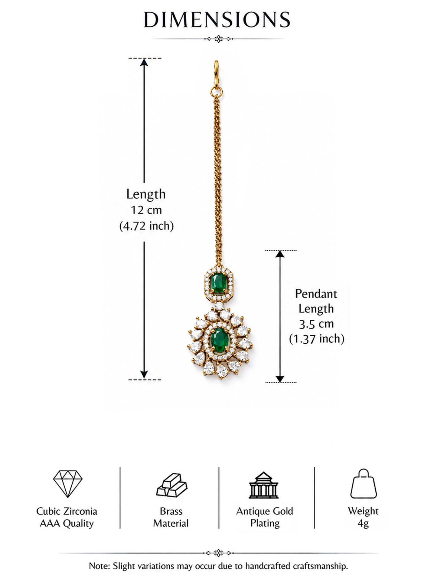 Antique Gold Plated Green AD Maang Tikka for Women
