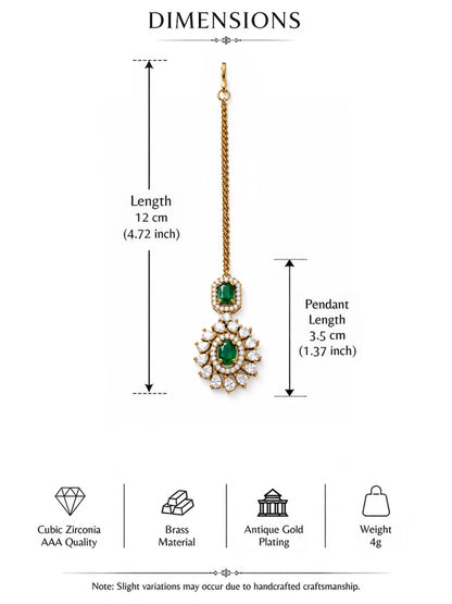 Antique Gold Plated Green AD Maang Tikka for Women