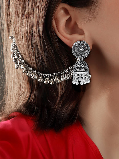 Silver-Oxidised Floral Jhumka Earrings With Hair Chain