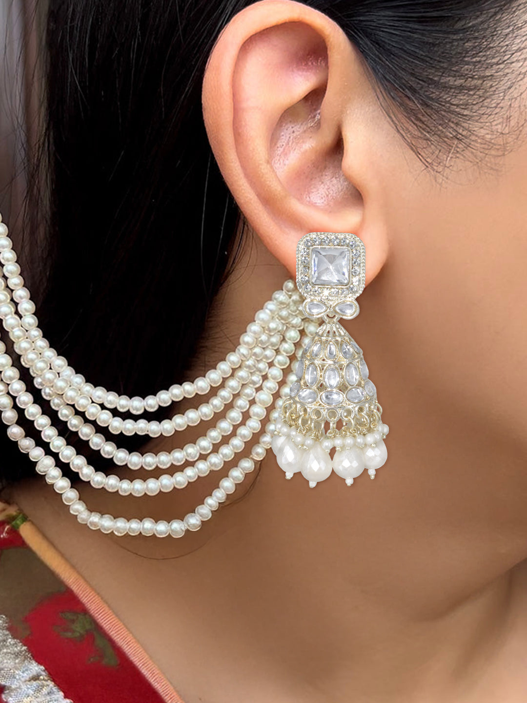 Gold-Plated Kundan-Studded Jhumka Earrings With Pearl-Beaded Hair Chain