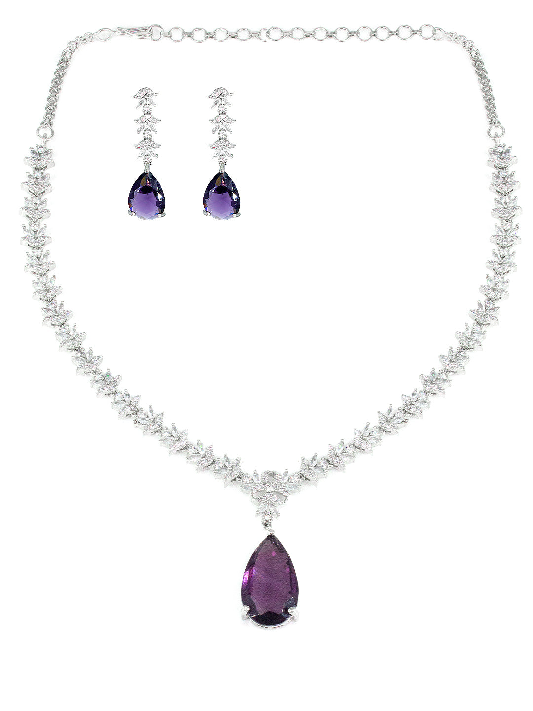 American Diamond Floral Design Purple Drop Jewellery Set For Women And Girls