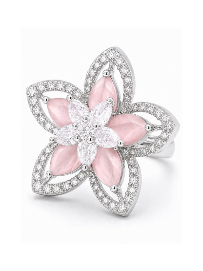 Rhodium Plated Pink AD Floral Finger Ring for Women