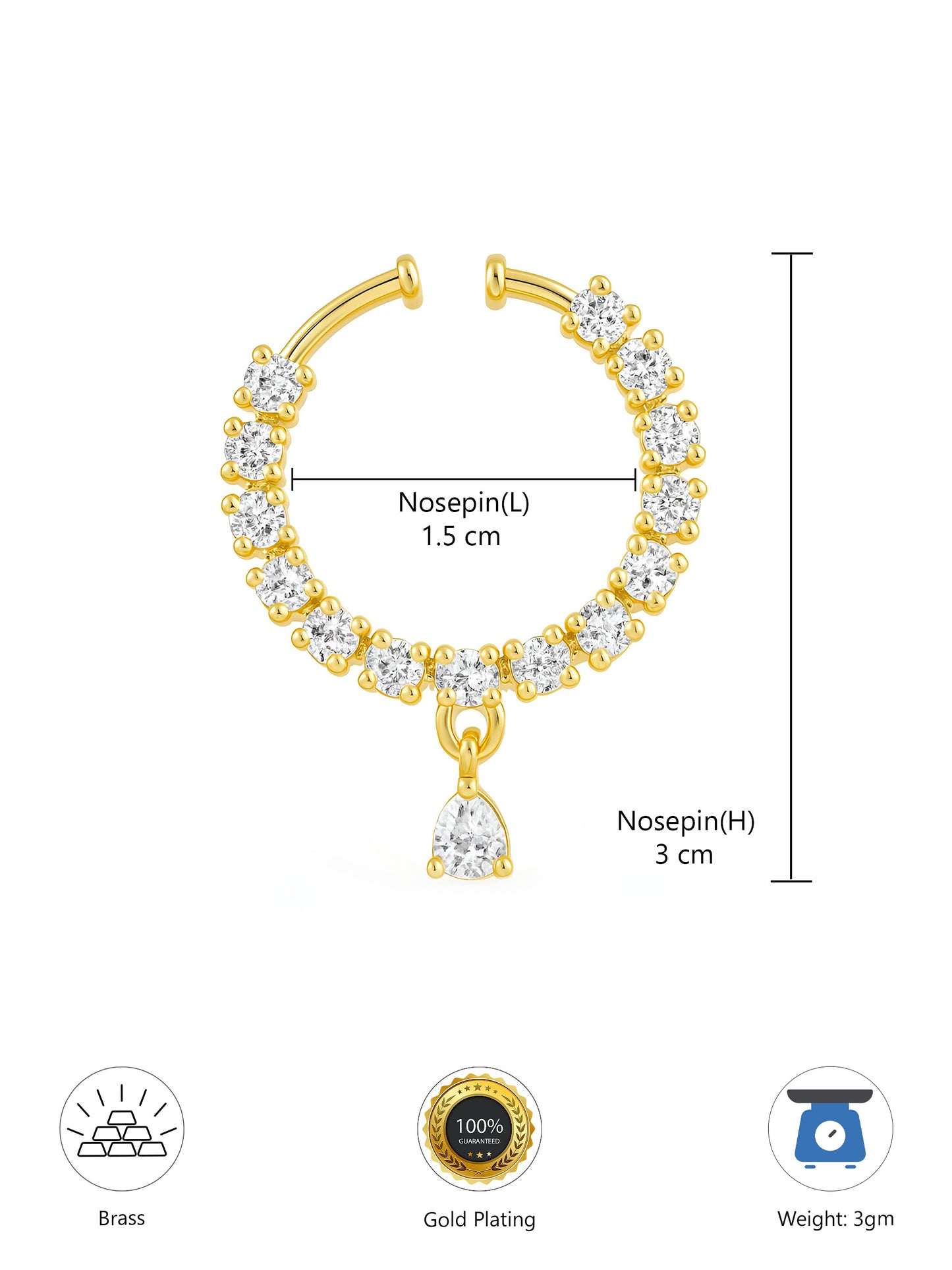 Gold Plated AD Bridal Drop Press On Nose Ring for Women