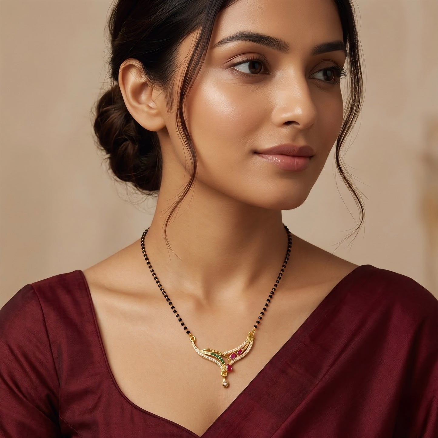 Gold Plated Red & Green AD Mangalsutra For Women