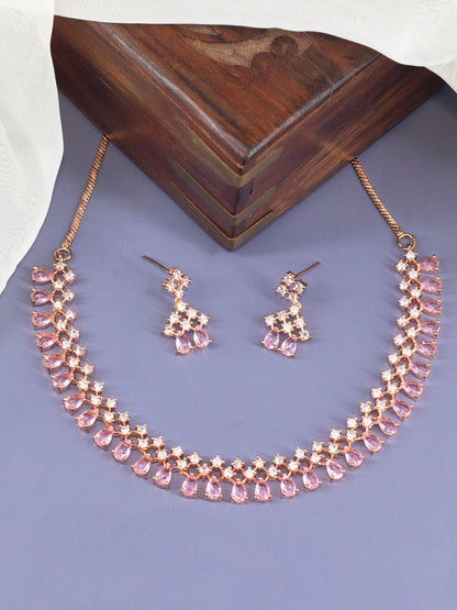 Rose Gold Plated Pink American Diamond Jewellery Set for Women
