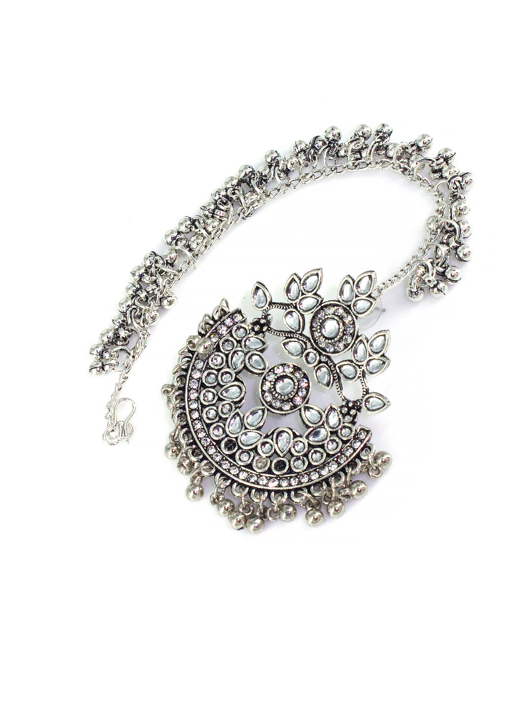 Silver-Oxidised Floral Chandbali Kundan Earrings With Ear Chain