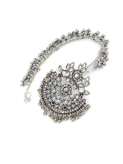 Silver-Oxidised Floral Chandbali Kundan Earrings With Ear Chain