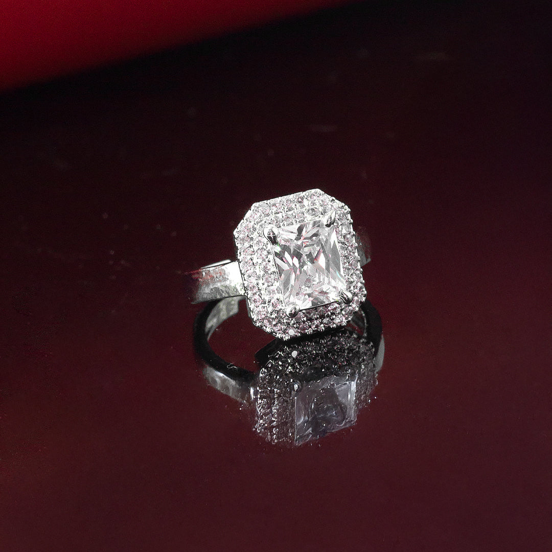 Rhodium Plated Big Square AD Adjustable Trendy Finger Ring