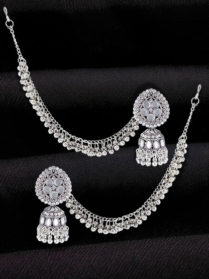 Silver-Oxidised Floral Mirror-Studded Jhumka Earrings With Hair Chain
