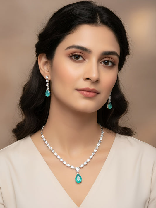 Silver Plated Mint Green AD Jewellery Set for Women