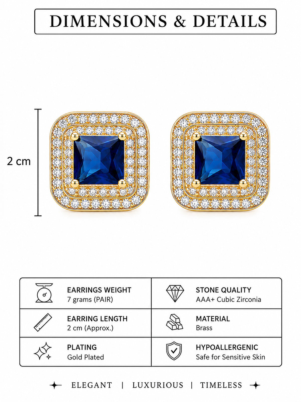 Gold Plated Blue AD Stud Earrings for Women