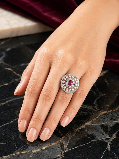 Rhodium Plated Red AD Finger Ring for Women