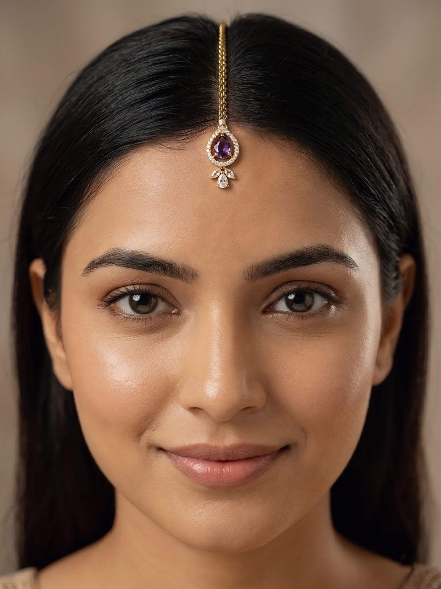 Gold Plated Purple AD Maang Tikka for Women