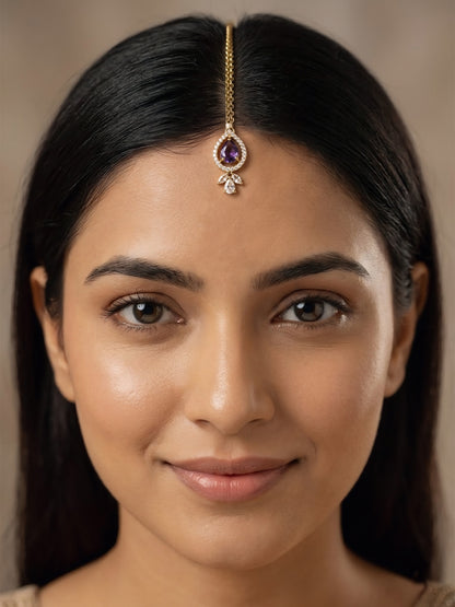 Gold Plated Purple AD Maang Tikka for Women