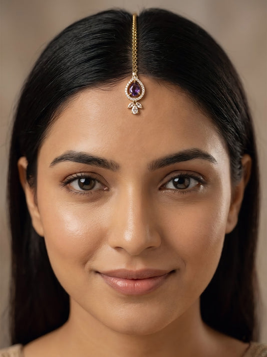 Gold Plated Purple AD Maang Tikka for Women