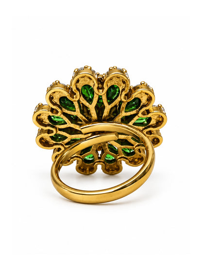 Antique Gold Plated Green AD Floral Finger Ring for Women