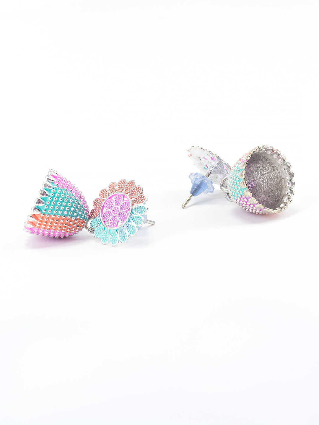 Silver-Plated Floral Pink & Green Jhumki Earrings
